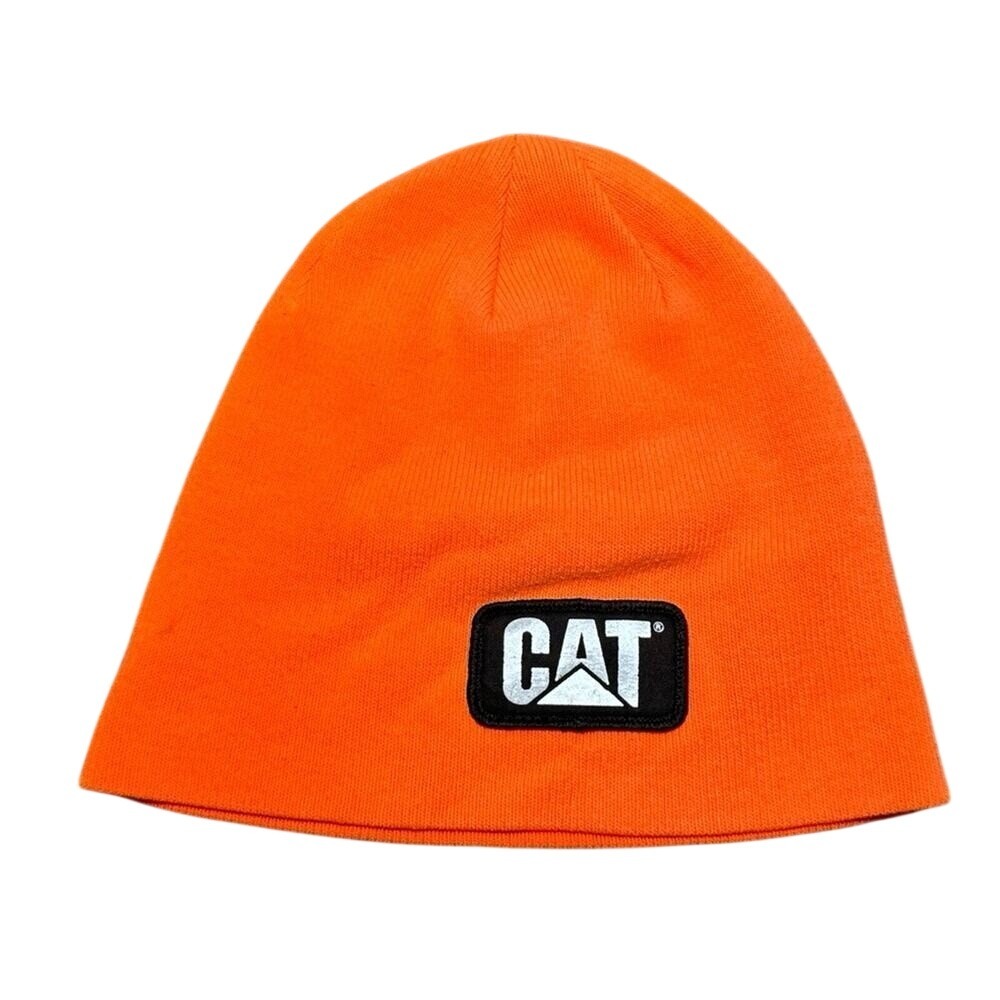 CAT Caterpillar Orange Beanie Skully Hat Mens OSFA Workwear Logo Patch 1123116